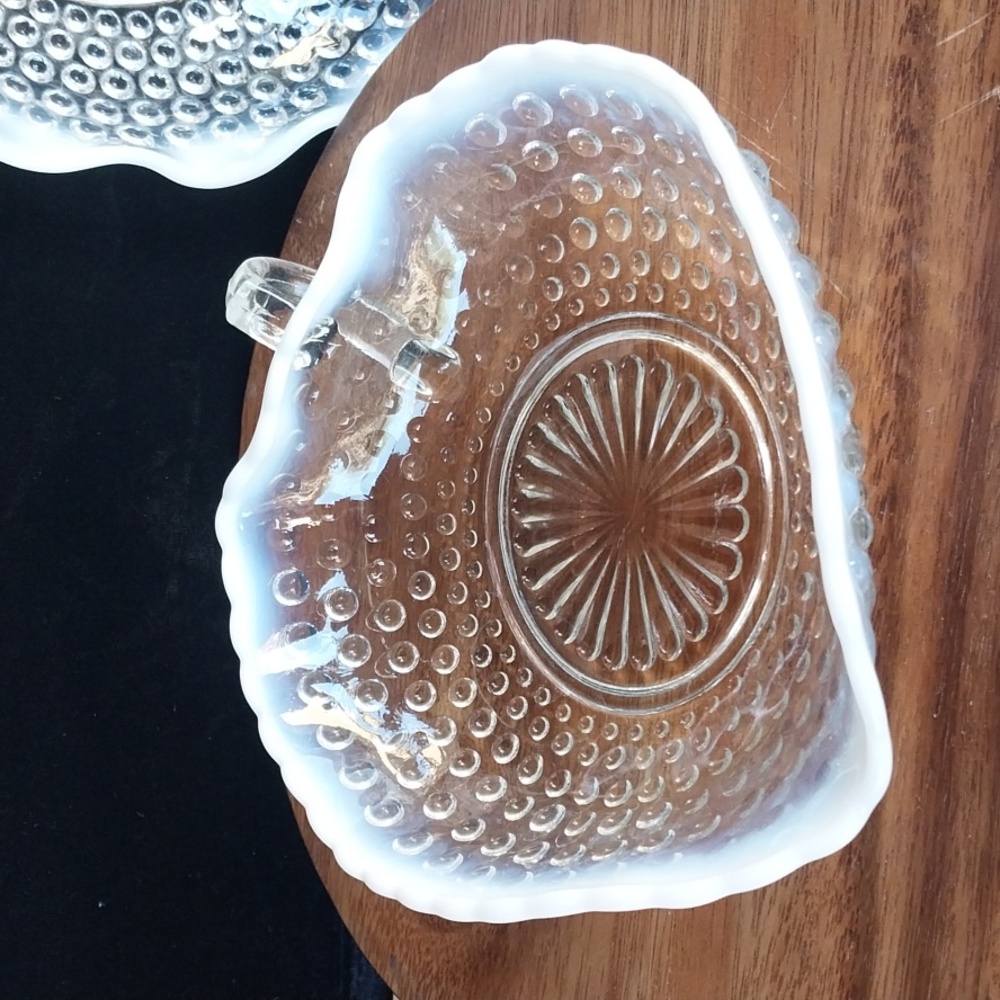 Vintage Anchor Hocking Moonstone Clear Opalescent Hobnail Nappy Dish with Handle